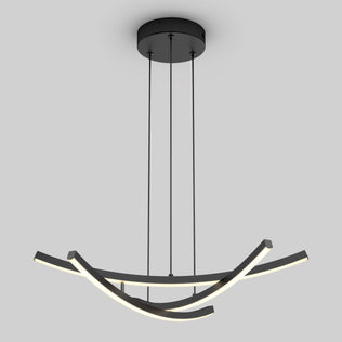 The Orly modern LED pendant light 5 CCT by Artika features three intersecting curved LED bars, suspended by four slim black cables from a round black ceiling mount, creating a sleek contemporary look.