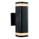 A modern black wall sconce with a rectangular shape and rounded edges, featuring frosted bands near the top and bottom that emit light. The fixture is mounted on a square backplate.