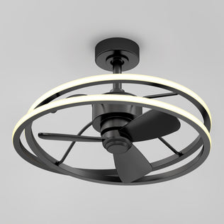The Artika Coda 23 in. LED ceiling fan features black blades, dual LED rings, tunable color temp, and remote control.
