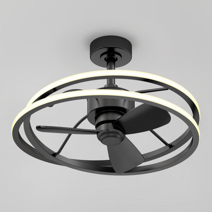 The Artika Coda 23 in. LED modern ceiling fan features three sleek blades and two glowing LED rings in its integrated light kit, all mounted on a gray ceiling for a contemporary look. Comes with a remote for convenient control.