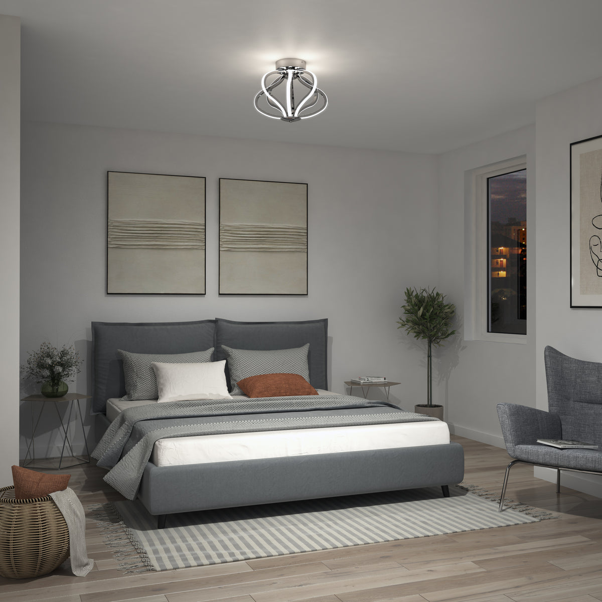 Modern bedroom featuring a gray upholstered bed, white and gray bedding, minimalist wall art, an Artika Meridian LED flush mount light, a potted plant, and a cozy chair on a striped rug. Large windows display the nighttime cityscape.