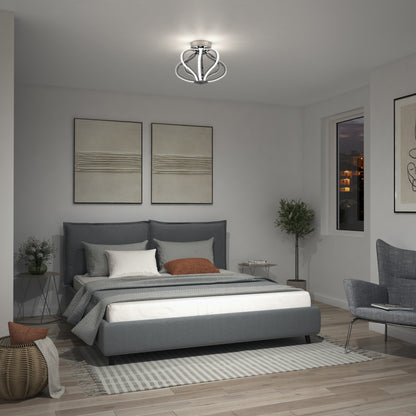 Modern bedroom featuring a gray upholstered bed, white and gray bedding, minimalist wall art, an Artika Meridian LED flush mount light, a potted plant, and a cozy chair on a striped rug. Large windows display the nighttime cityscape.