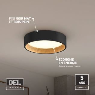 Plafonnier Artika Alton 33 cm LED, 3 CCT, noir mat et bois, économe en énergie, garantie 5 ans.