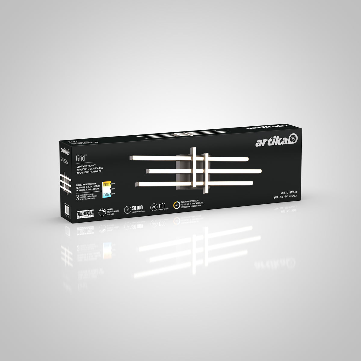 A black rectangular Artika Grid LED vanity light box featuring an image of the modern light fixture, product details, specifications, and brand logo against a gradient gray background.