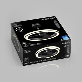 Artika Edwin 23 in. LED fandelier with light, remote, specs, and branding shown on a gray background.