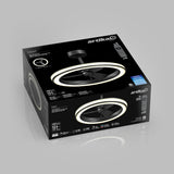 Black Artika EdwiiR ceiling fan box on a gray background, featuring an image of the fan with a circular LED light, remote control, and key product details such as size (43.6 inches) and smart compatibility.
