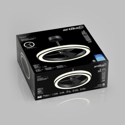 Black Artika EdwiiR ceiling fan box on a gray background, featuring an image of the fan with a circular LED light, remote control, and key product details such as size (43.6 inches) and smart compatibility.