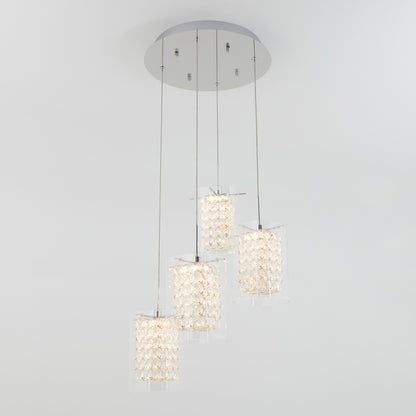 The Artika Crystal Cube 4-light LED pendant light features a round chrome base with four hanging crystal cube lamps at varying heights, each casting a soft, warm glow against a white background.