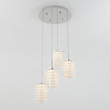 A modern ceiling light fixture with a round base and four hanging pendant lights, each featuring a cylindrical crystal design, is suspended at varying heights against a plain white background.