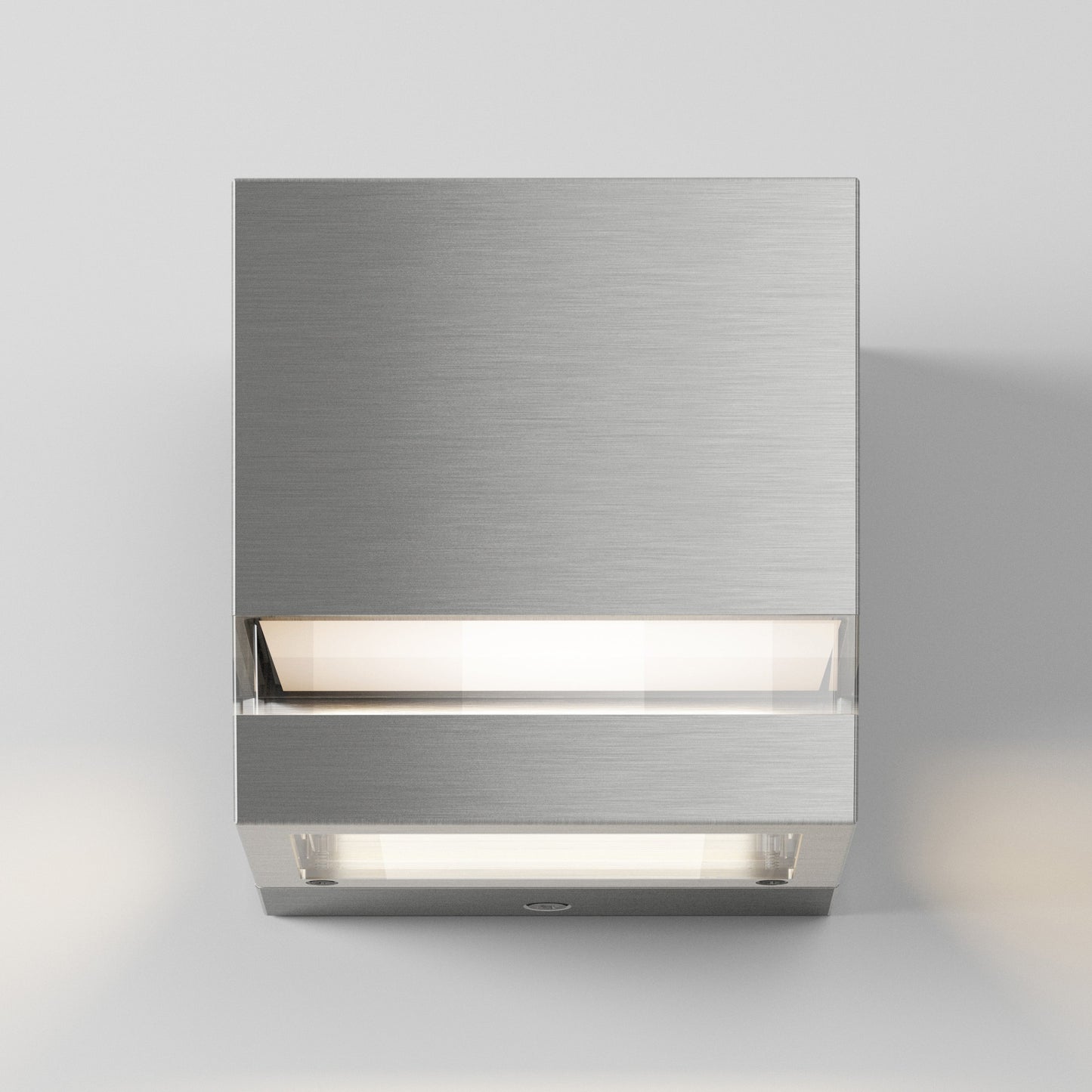 The Valor Square LED indoor/outdoor wall light by Artika-CAN-dev features a modern, brushed metal design, emitting soft up and down lighting, and is shown mounted on a plain white wall.