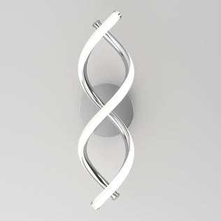 The Artika DNA modern LED wall sconce 3 CCT features two intertwined spiral tubes—one glowing white with integrated LEDs, the other metallic—set on a round silver base and displayed against a light gray background.