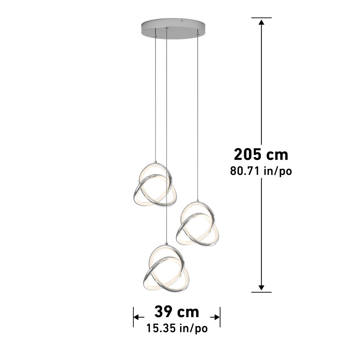 The Artika Zephyr 3-light LED pendant features three interlocking circular lights at varied heights. Measuring 205 cm tall and 39 cm wide, it brings elegant, modern, dimmable lighting to any space.