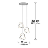 Modern pendant light fixture with three intertwined, circular LED lights hanging from a round ceiling mount. The height is 205 cm (80.71 in) and the width is 39 cm (15.35 in).