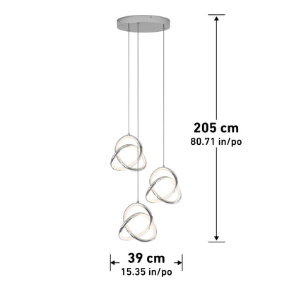 Modern pendant light fixture with three intertwined, circular LED lights hanging from a round ceiling mount. The height is 205 cm (80.71 in) and the width is 39 cm (15.35 in).