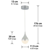 Pendant light with a silver teardrop-shaped shade, hanging from a round ceiling mount. The image includes measurements: 13 cm ceiling mount, 176 cm cord, 20 cm shade height, and 11.5 cm shade width.