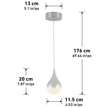 The Artika Glitzer LED pendant light features a silver base (13 cm diameter), teardrop-shaped shade (20 cm tall, 11.5 cm wide) with a crystal-like lower half, and an overall height of 176 cm.