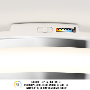 Close-up of Artika Hemisphere 15″ LED Flush Mount, 5 CCT, adjustable brightness and color temperature switch with labeled options.