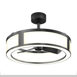 A modern ceiling fan with a circular LED light fixture, black metal frame, and three sleek black blades, mounted on a black rod. The light emits a soft, even glow.