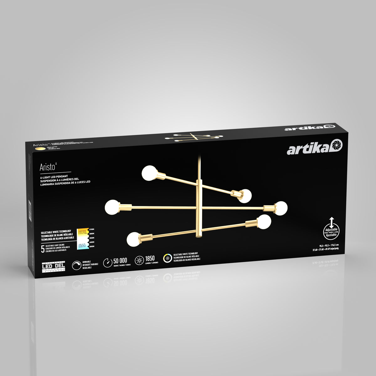 A black box with the brand name Artika displays an image of a gold LED chandelier with six spherical white bulbs, model Aristo. Product features and specifications are listed on the front.