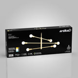 A black box with the brand name Artika displays an image of a gold LED chandelier with six spherical white bulbs, model Aristo. Product features and specifications are listed on the front.