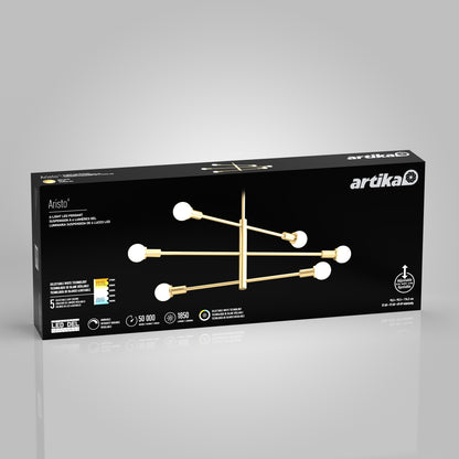 A rectangular black box shows the Artika Aristo LED 5 CCT pendant light, a modern gold chandelier with six globe-shaped bulbs. The packaging highlights LED features, warranty info, and the Artika brand logo.