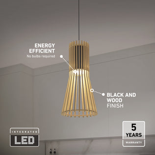 Artika Kiyo modern LED pendant light 3 CCT featuring a cage-style wood frame, black finish, and integrated energy-efficient LED.
