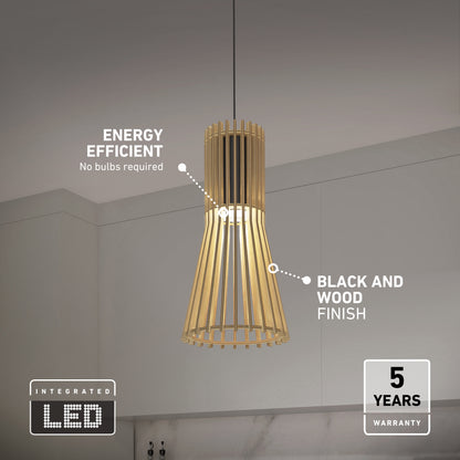 Artika Kiyo modern LED pendant light 3 CCT featuring a cage-style wood frame, black finish, and integrated energy-efficient LED.