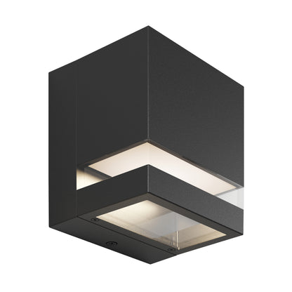 Artika Valor Square LED wall light: modern black cube with frosted glass panels, softly glowing for indoor or outdoor spaces.