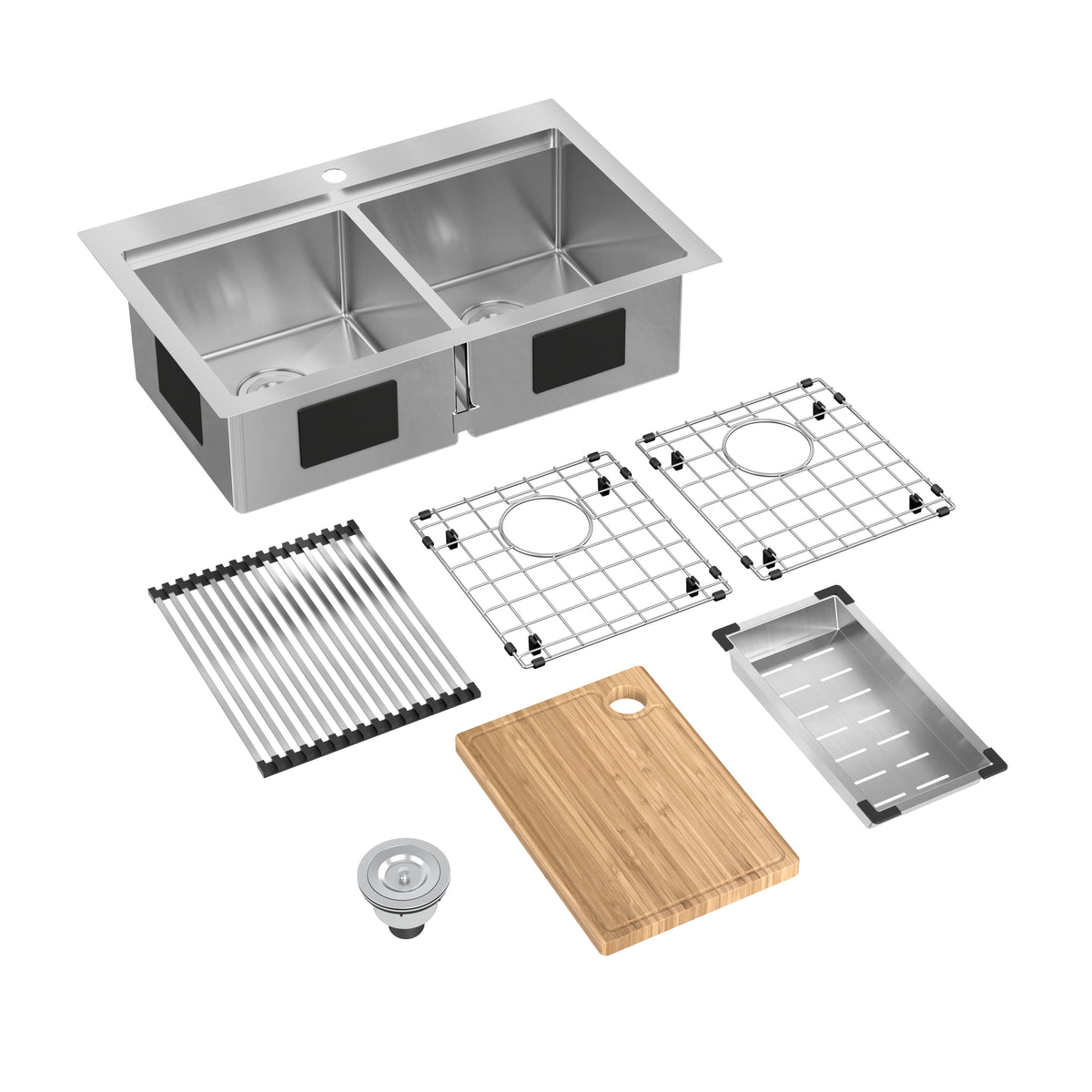 Stainless steel double kitchen sink with included accessories: two protective grids, a rolling rack, a drain, a bamboo cutting board, a colander, and a strainer, all arranged neatly on a white background.