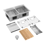 Stainless steel double kitchen sink with included accessories: two protective grids, a rolling rack, a drain, a bamboo cutting board, a colander, and a strainer, all arranged neatly on a white background.