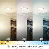 A ceiling light shines in three panels, displaying different color temperatures: warm white (3000K), neutral white (4000K), and cool white (5000K). A window with blinds is visible below the light in each panel.