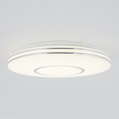 The Artika Horizon 13 in. LED flush mount light 3 CCT features a modern round design with a white frosted cover and slim silver accents, shown mounted against a plain light-gray background.