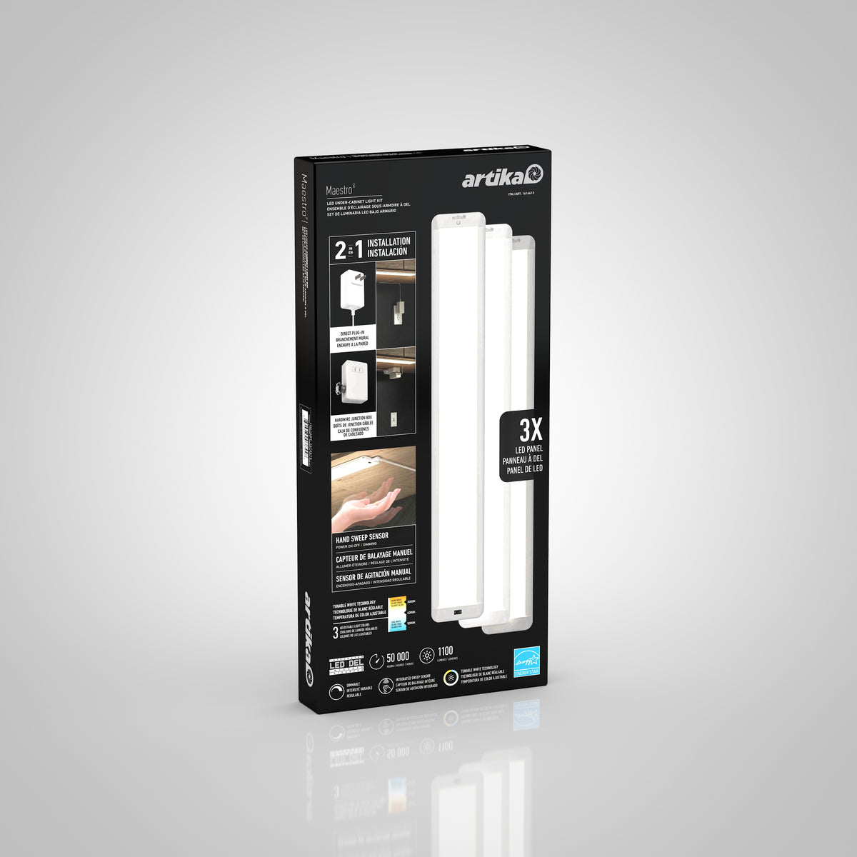 Artika Maestro under cabinet LED light 3CCT box displays three bright light bars on the front and highlights easy installation, 3x brightness, and included installation instructions.