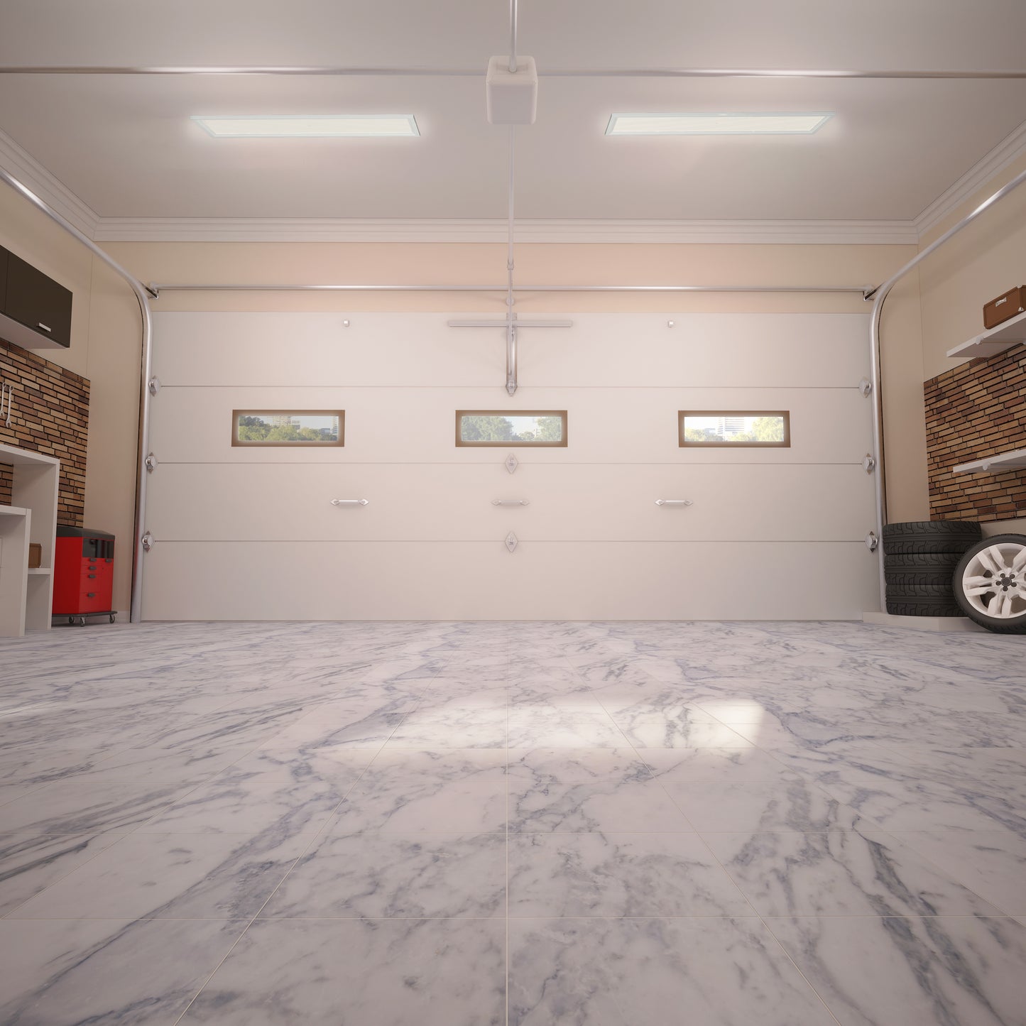 A clean, spacious garage with a Sunray ultra thin LED light panel 3 CCT by Artika, marble-patterned floor, brick-accented walls, white shelves holding tools and tires, and a closed white garage door with three rectangular windows.