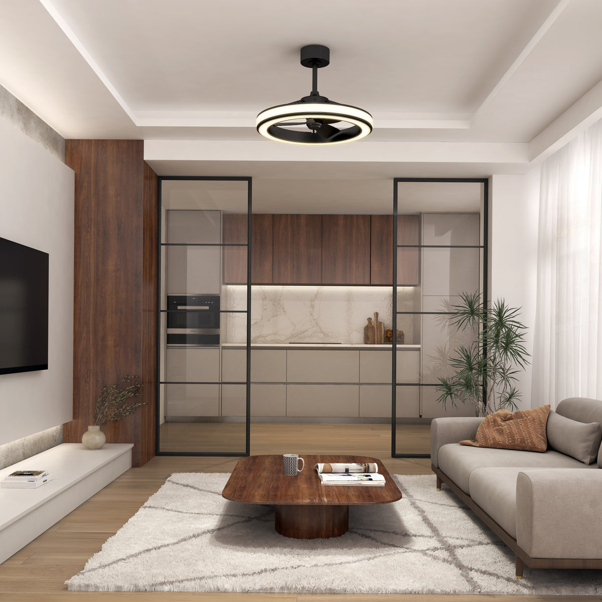 Modern living room with a beige sofa, wooden coffee table, and geometric rug. Glass doors separate the kitchen, which features wood cabinets and marble backsplash. A potted plant and contemporary ceiling light complete the space.