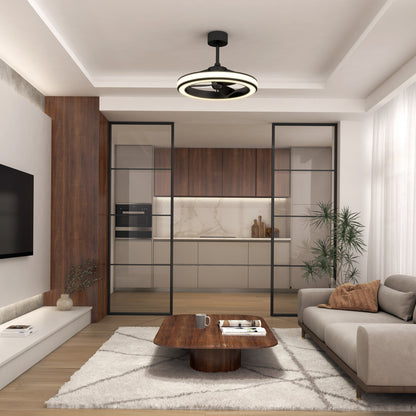 Modern living room with a beige sofa, wooden coffee table, and geometric rug. Glass doors separate the kitchen, which features wood cabinets and marble backsplash. A potted plant and contemporary ceiling light complete the space.