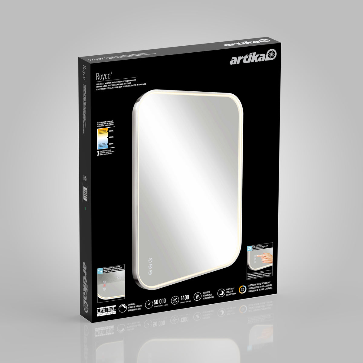 A black Artika box showcases the Royce Dimmable LED Mirror, 3 CCT, mountable horizontally or vertically, with touch controls and a defogger. Features are shown in white text/icons on the front; instructions and images appear on the side.