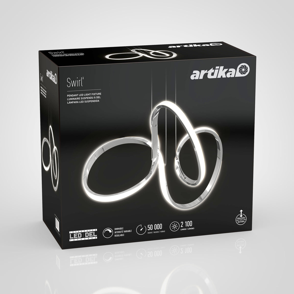 A black Artika Swirl LED pendant light box displays an image of the modern spiral-shaped fixture on the front, with key features and specs in white text.