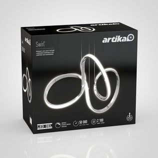 A black Artika Swirl LED pendant light box displays an image of the modern spiral-shaped fixture on the front, with key features and specs in white text.