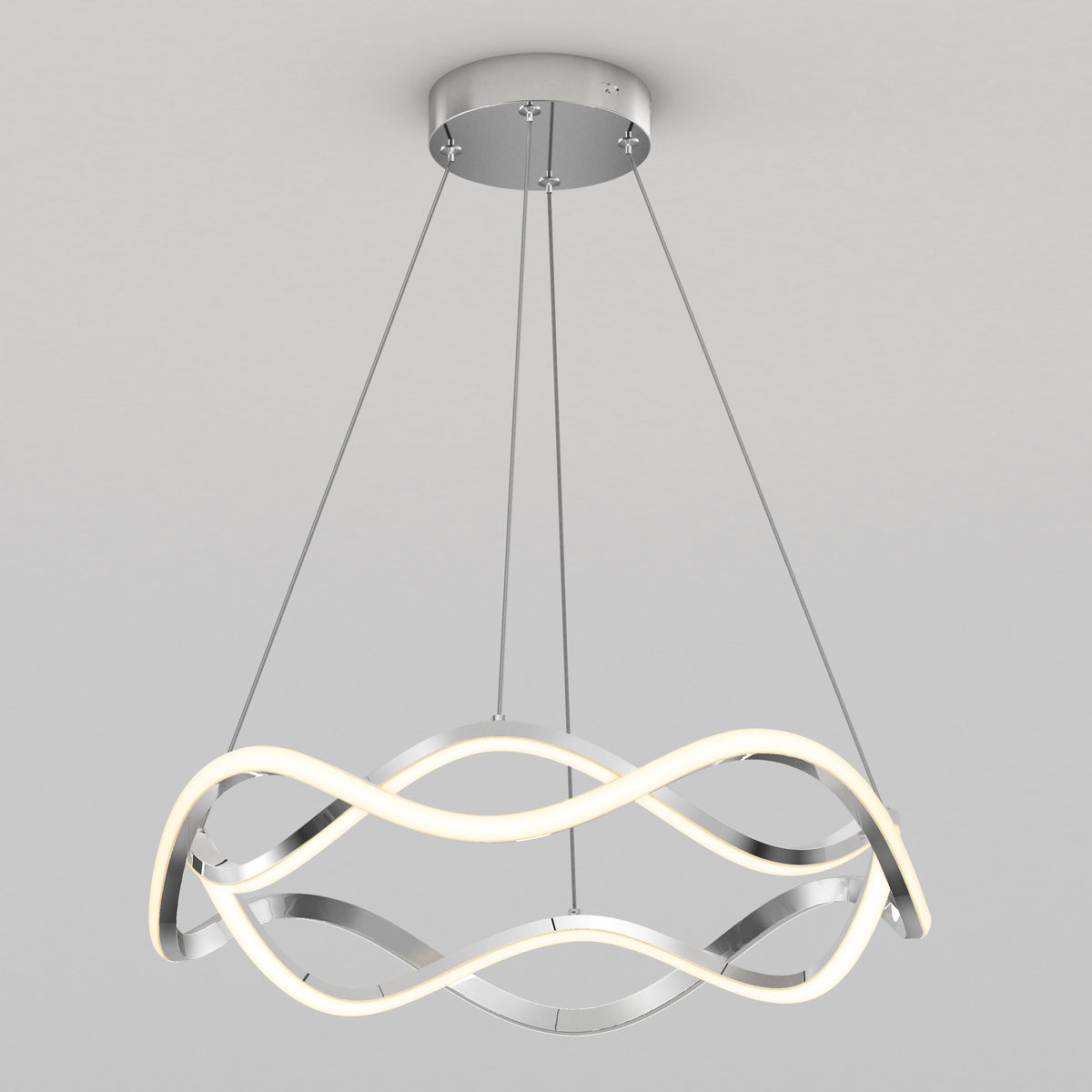The Artika Vanora LED pendant light 5 CCT features a circular, wavy silver and white design, suspended by four slender wires from a round metallic mount for a modern ceiling accent.