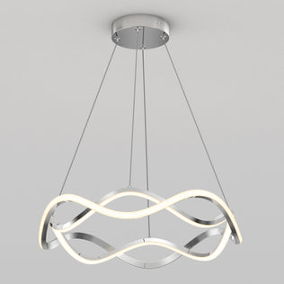 The Artika Vanora LED pendant light 5 CCT features a circular, wavy silver and white design, suspended by four slender wires from a round metallic mount for a modern ceiling accent.