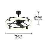 Modern black ceiling fan with an integrated circular LED light. The fan measures 71.1 cm (28 inches) in diameter and 37.2 cm (14.64 inches) in height. Annotations show dimensions in both cm and inches.
