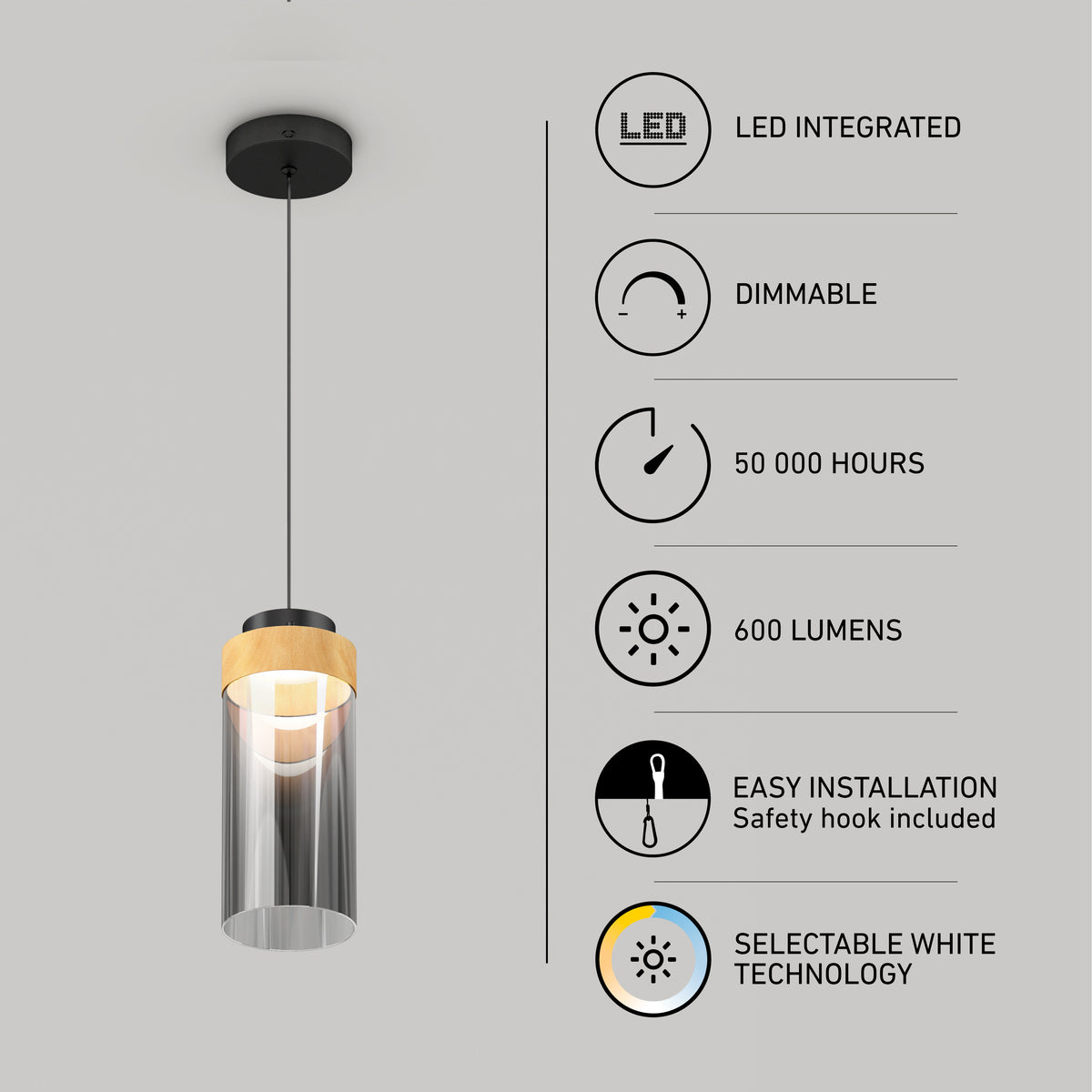 A modern pendant light with a black cord, wooden accent, and clear glass shade. Six icons highlight features: LED integrated, dimmable, 50,000 hours, 600 lumens, easy installation with safety hook, and selectable white technology.