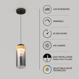 A modern pendant light with a black cord, wooden accent, and clear glass shade. Six icons highlight features: LED integrated, dimmable, 50,000 hours, 600 lumens, easy installation with safety hook, and selectable white technology.