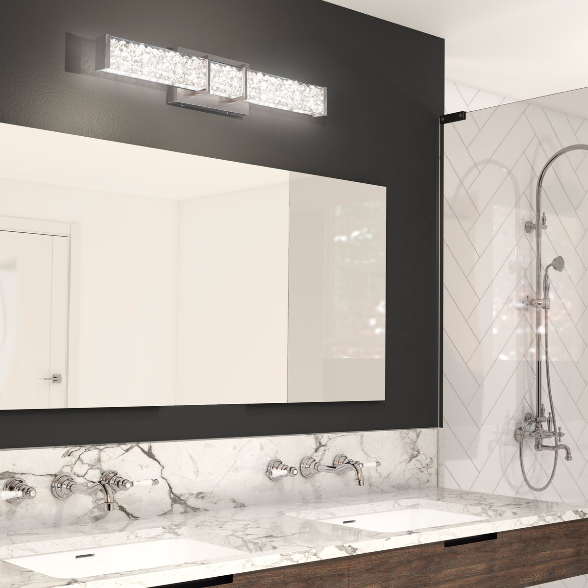 Modern bathroom with marble countertop, double sinks, large mirror, glass shower, and an Artika Royale 27-in LED vanity light bar above.
