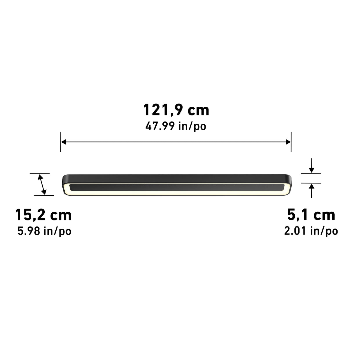 The Artika Aiden 48 in. LED modern flush mount light 5 CCT is a rectangular fixture measuring 121.9 cm x 15.2 cm x 5.1 cm, shown horizontally with black and white details.