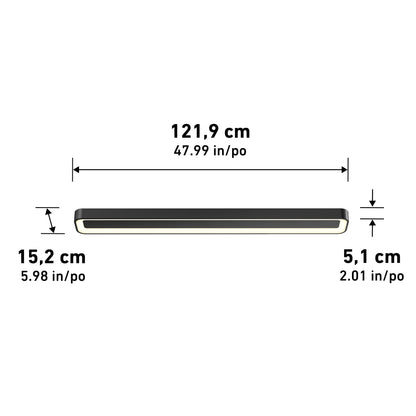 The Artika Aiden 48 in. LED modern flush mount light 5 CCT is a rectangular fixture measuring 121.9 cm x 15.2 cm x 5.1 cm, shown horizontally with black and white details.