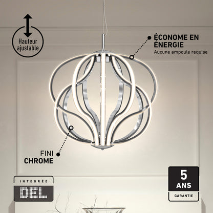 Meridian LED pendant light in chrome with curved strips, adjustable height, energy efficiency, a sleek finish, and a five-year warranty.