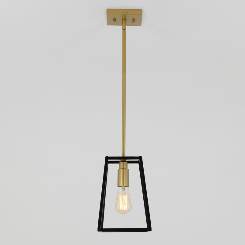 Artika Carter 1-light pendant with brass rod, black frame, and square brass plate—ideal for kitchen island lighting.