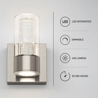Artika's Essence 1-light LED vanity light features dimmable accent lighting, bubble glass, 450 lumens, and a 50,000-hour lifespan.